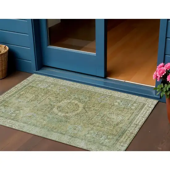 Sage And Fern Green Floral Medallion Washable Indoor Outdoor Area Rug Photo 2