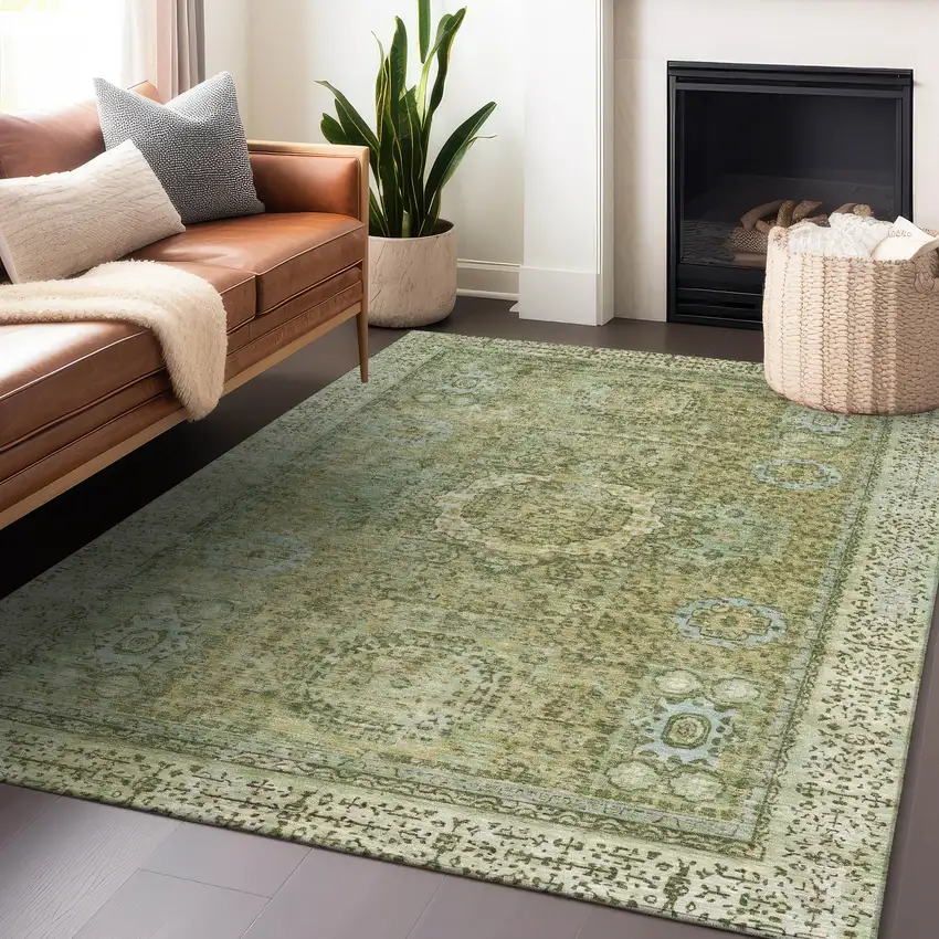 Sage And Fern Green Floral Medallion Washable Indoor Outdoor Area Rug Photo 6