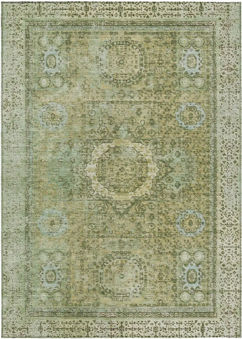 Sage And Fern Green Floral Medallion Washable Indoor Outdoor Area Rug Photo 1