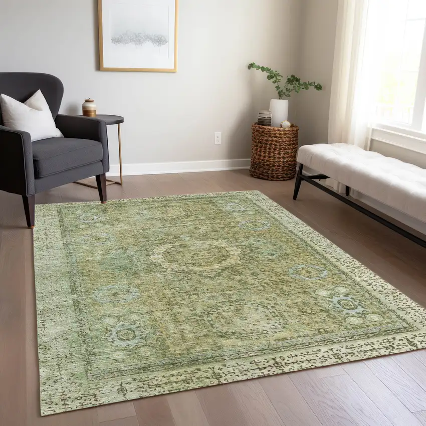 Sage And Fern Green Floral Medallion Washable Indoor Outdoor Area Rug Photo 7