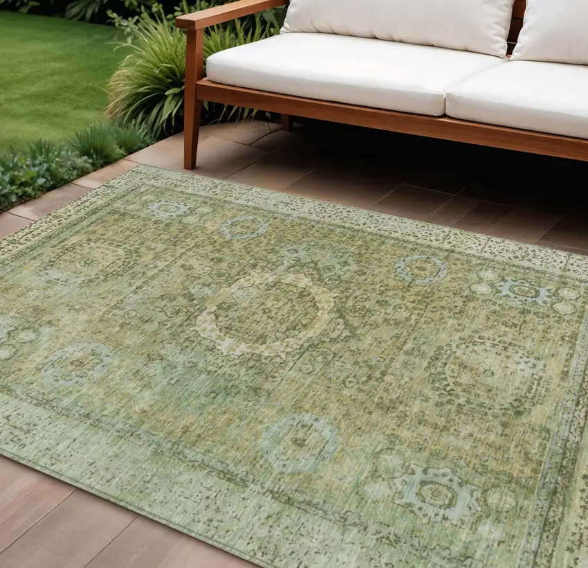 Sage And Fern Green Floral Medallion Washable Indoor Outdoor Area Rug Photo 2