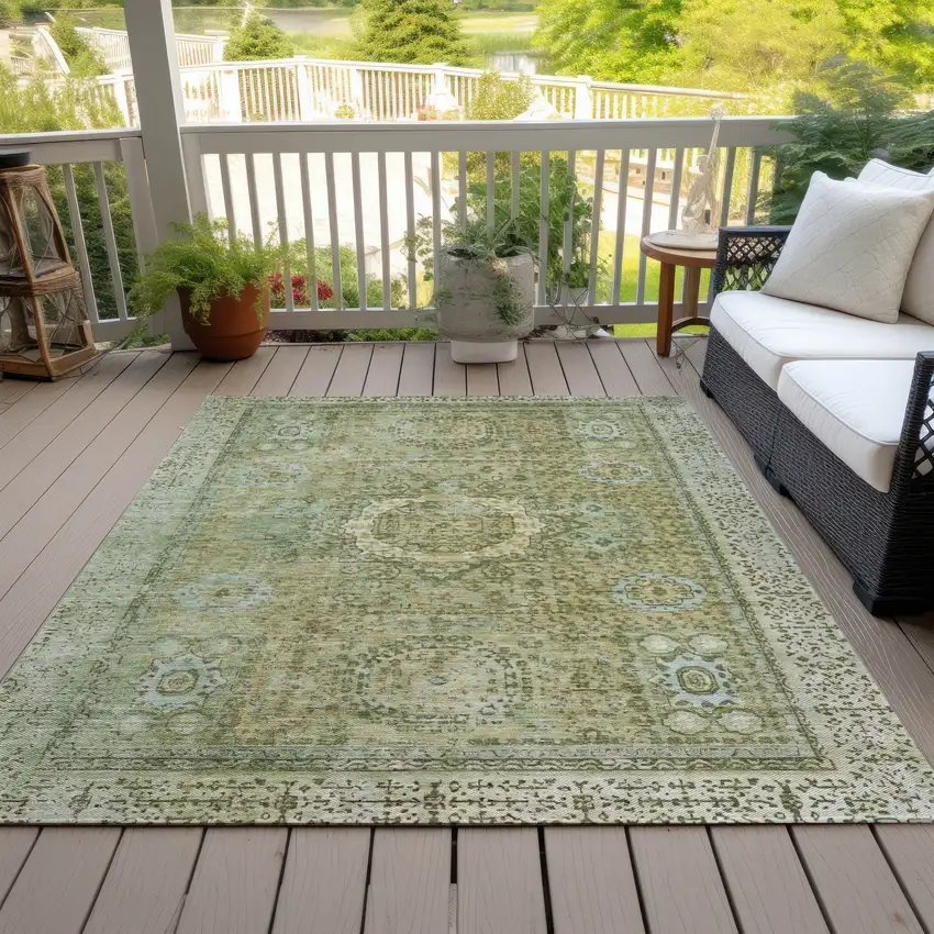 Sage And Fern Green Floral Medallion Washable Indoor Outdoor Area Rug Photo 8