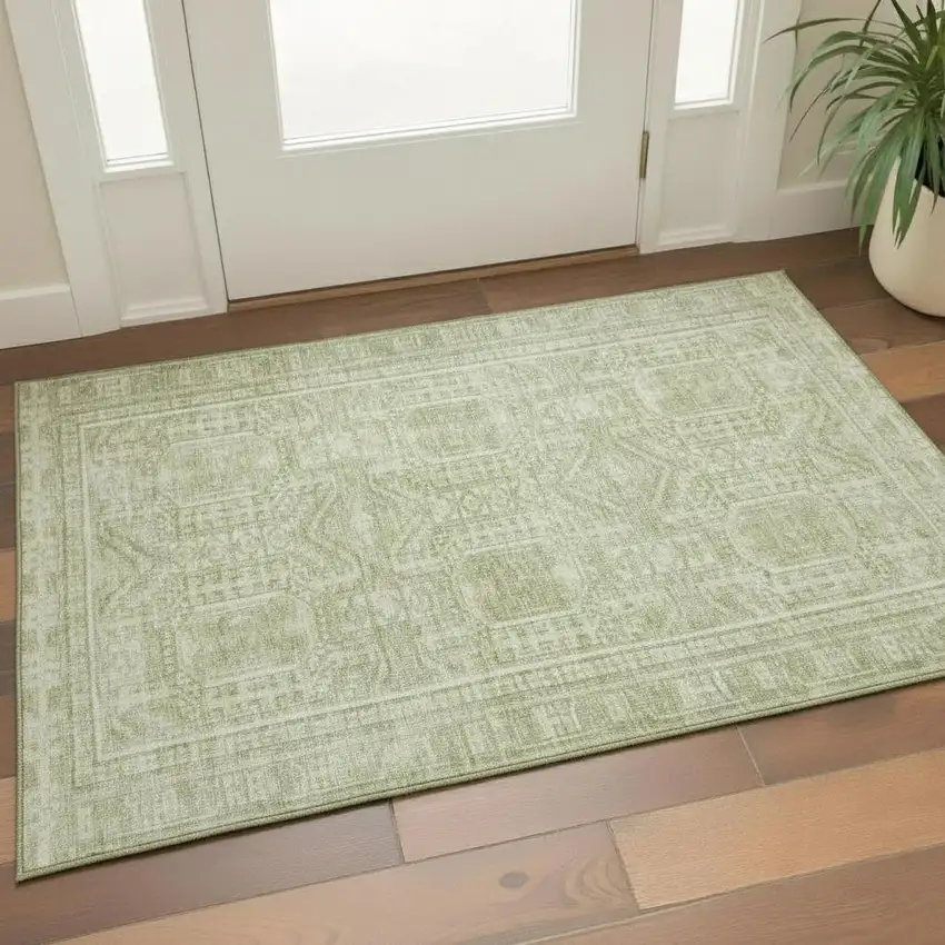 Sage And Fern Green Geometric Washable Area Rug With UV Protection Photo 2
