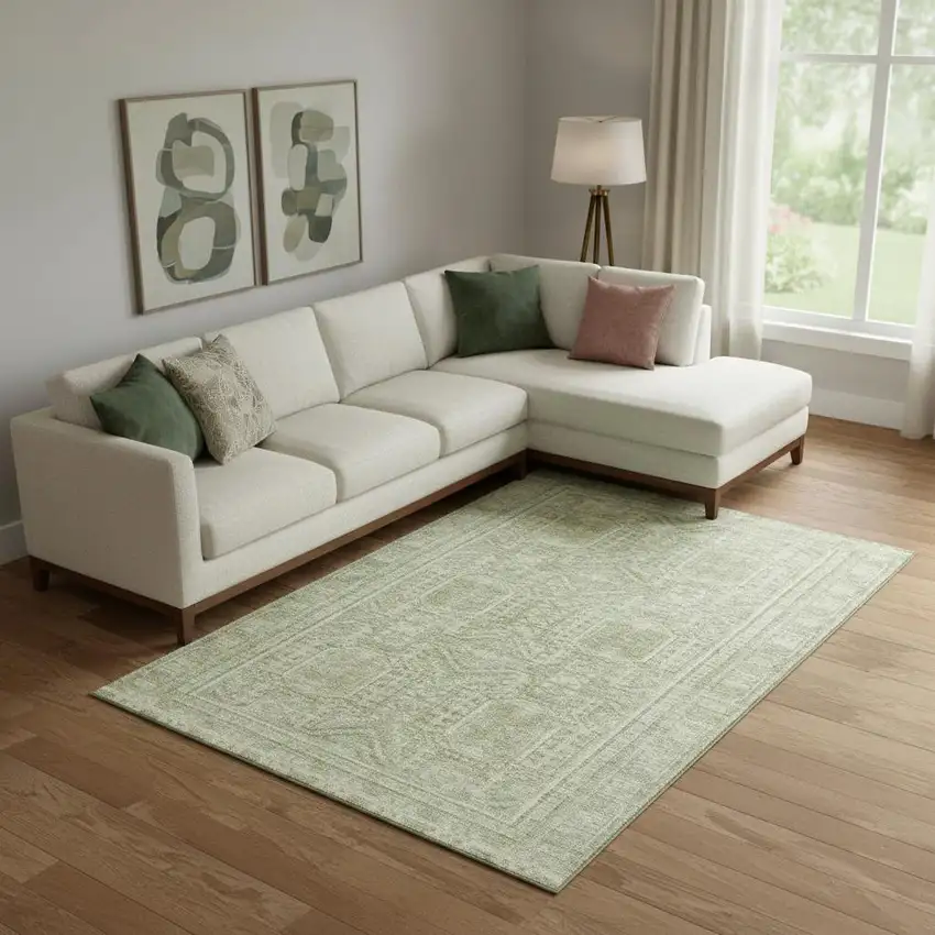 Sage And Fern Green Geometric Washable Area Rug With UV Protection Photo 2