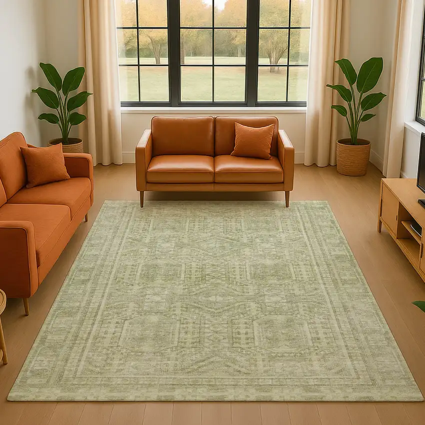 Sage And Fern Green Geometric Washable Area Rug With UV Protection Photo 4