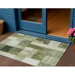 Photo of Sage And Fern Green Geometric Washable Indoor Outdoor Area Rug