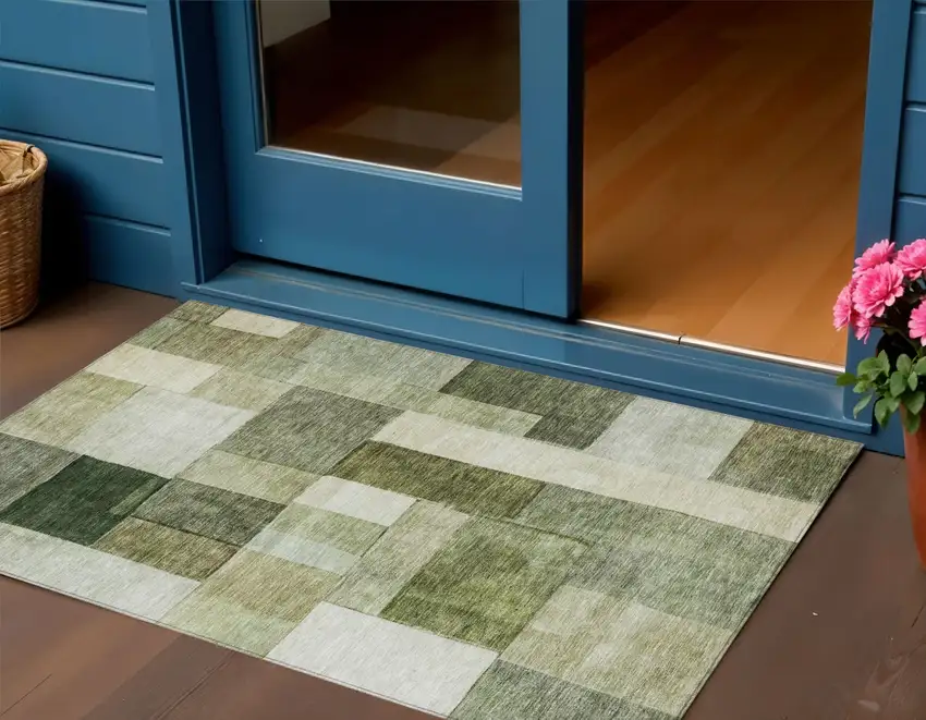 Sage And Fern Green Geometric Washable Indoor Outdoor Area Rug Photo 1