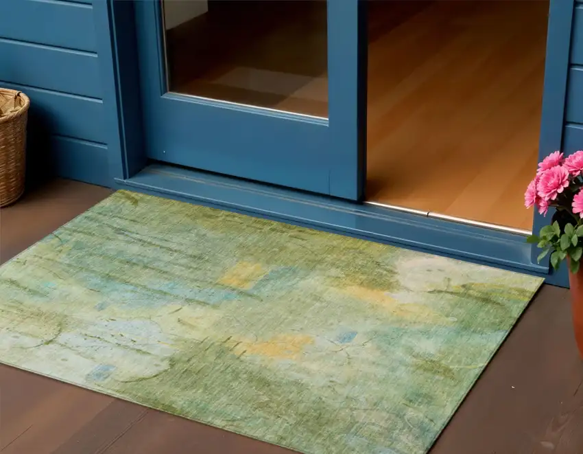 Sage And Gold Abstract Washable Indoor Outdoor Area Rug Photo 2