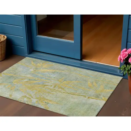 Sage And Gold Botanical Leaves Washable Indoor Outdoor Area Rug Photo 1