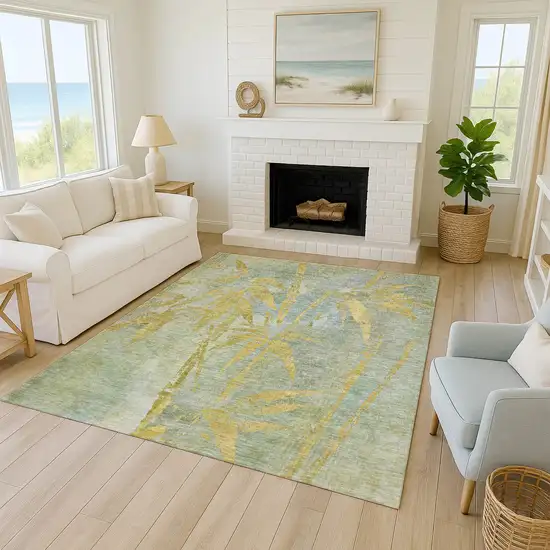 Sage And Gold Botanical Leaves Washable Indoor Outdoor Area Rug Photo 9
