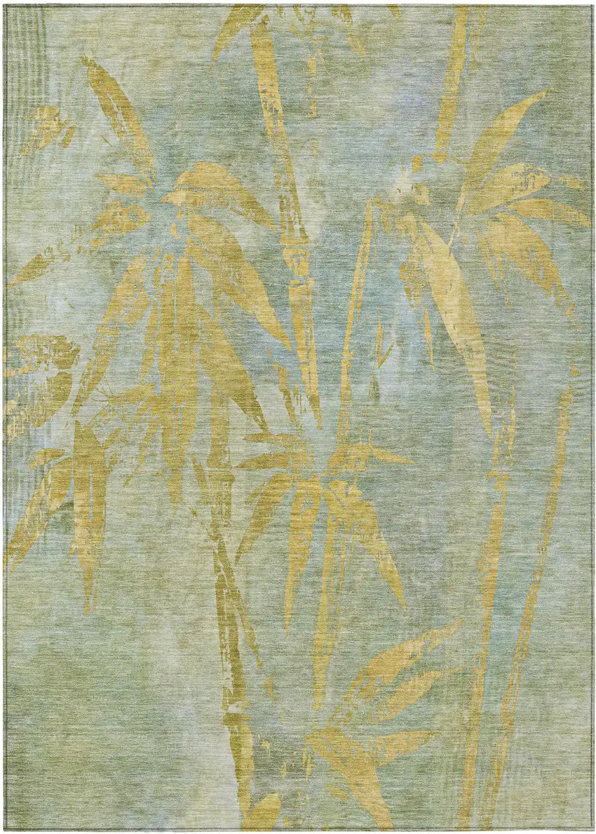 Sage And Gold Botanical Leaves Washable Indoor Outdoor Area Rug Photo 2