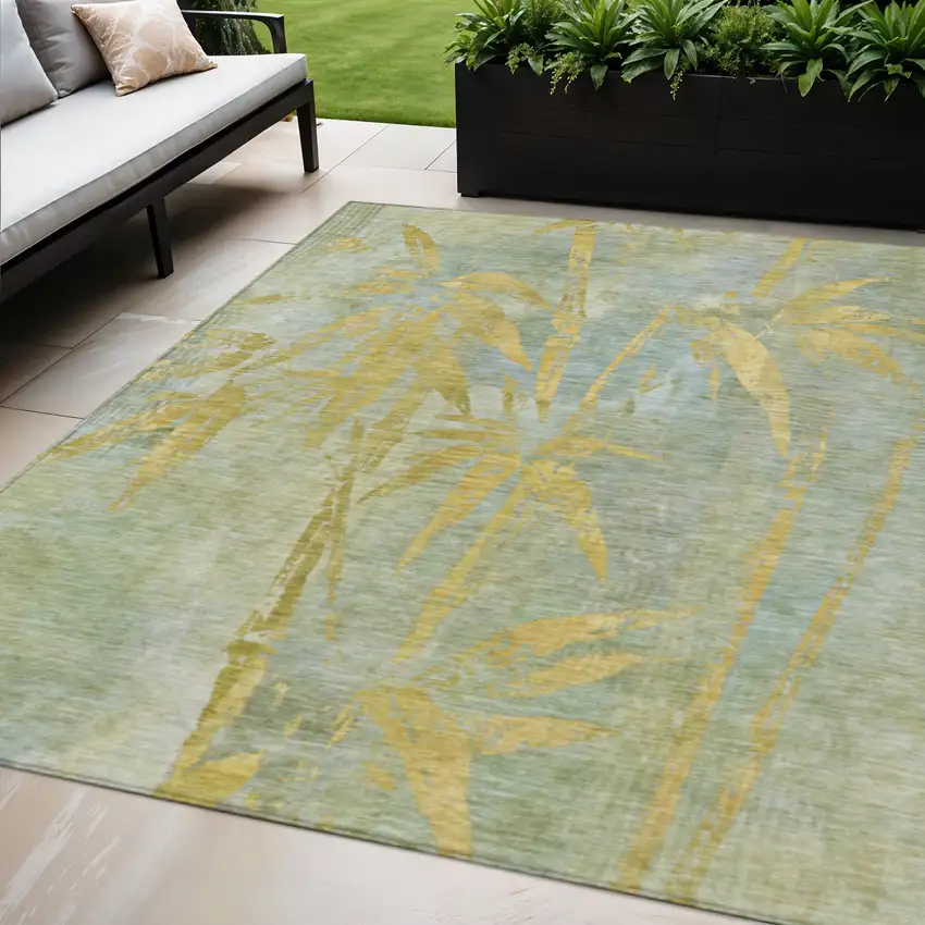 Sage And Gold Botanical Leaves Washable Indoor Outdoor Area Rug Photo 1