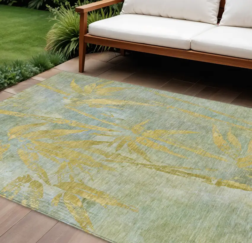 Sage And Gold Botanical Leaves Washable Indoor Outdoor Area Rug Photo 1