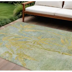 Photo of Sage And Gold Botanical Leaves Washable Indoor Outdoor Area Rug