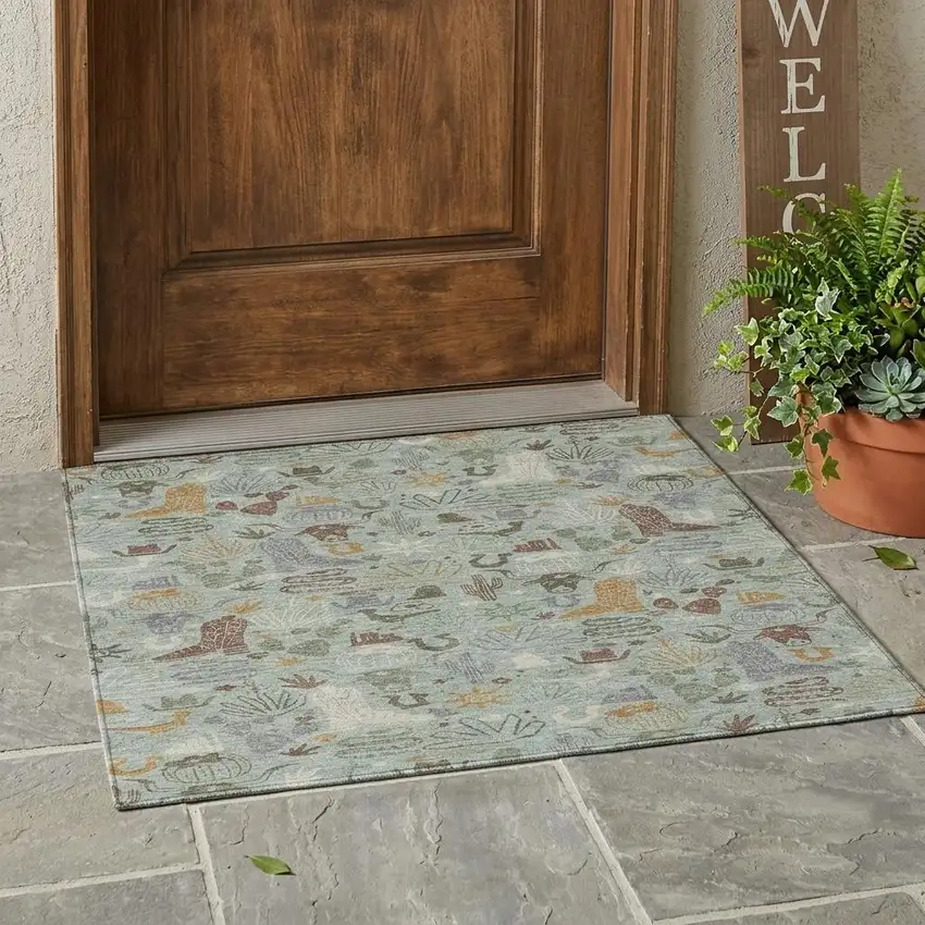 Sage And Gold Cactus Washable Indoor Outdoor Area Rug Photo 1