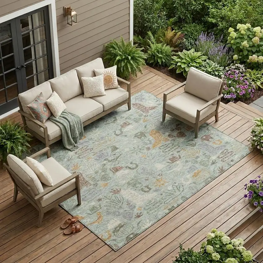 Sage And Gold Cactus Washable Indoor Outdoor Area Rug Photo 1