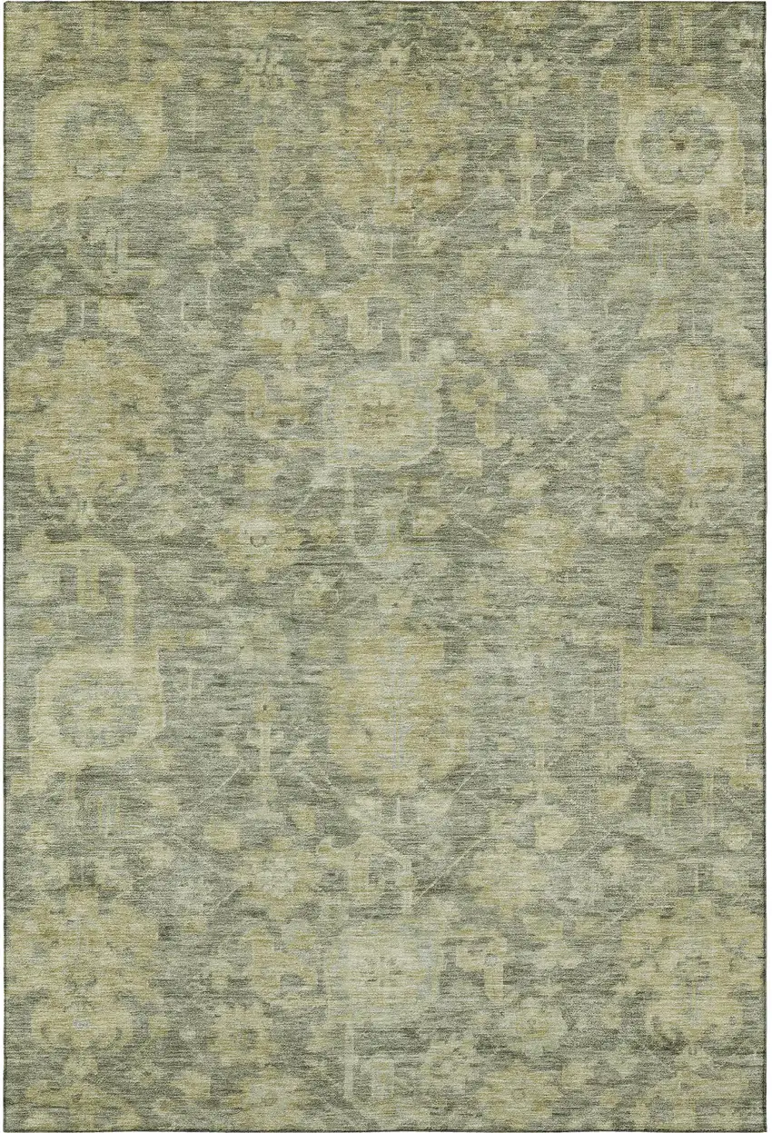 Sage And Gold Damask Washable Area Rug With UV Protection Photo 3