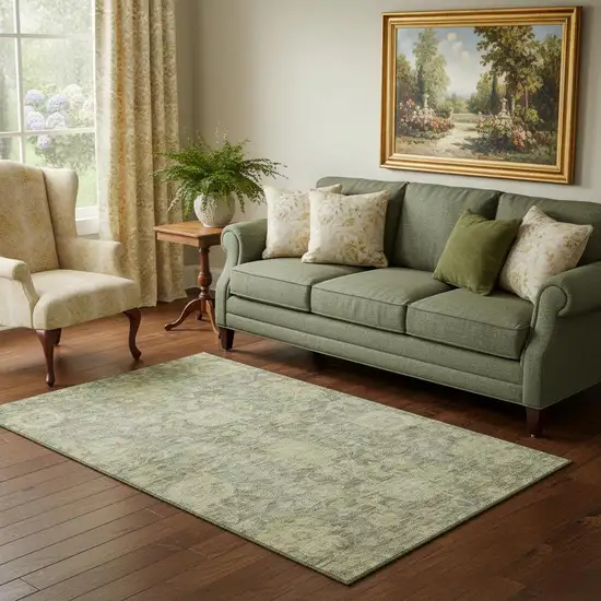 Sage And Gold Damask Washable Area Rug With UV Protection Photo 2
