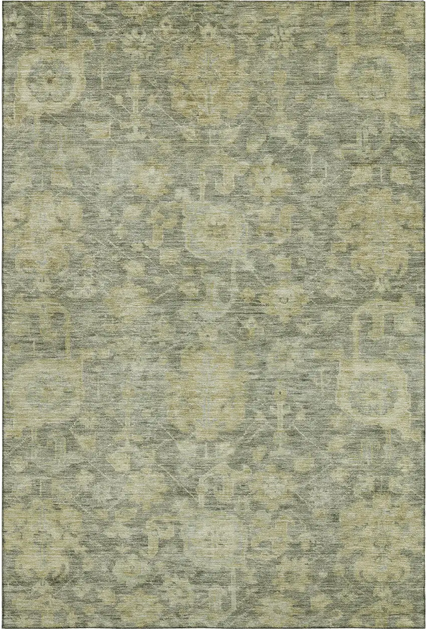 Sage And Gold Damask Washable Area Rug With UV Protection Photo 1