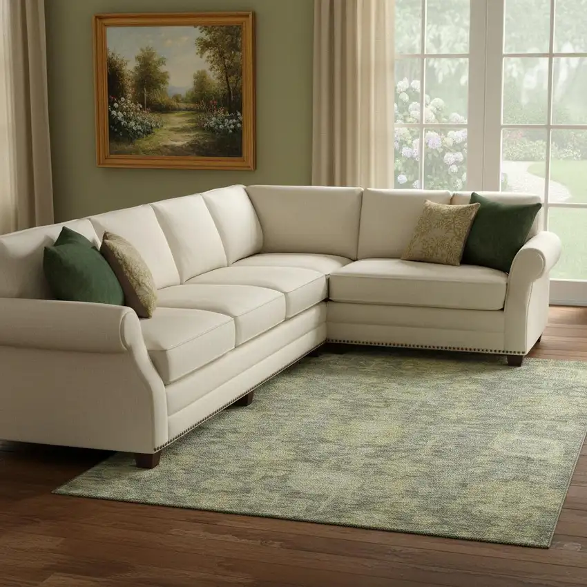 Sage And Gold Damask Washable Area Rug With UV Protection Photo 2