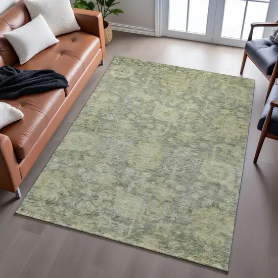 Sage And Gold Damask Washable Area Rug With UV Protection Photo 5