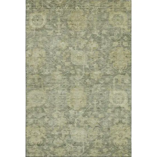 Sage And Gold Damask Washable Area Rug With UV Protection Photo 1