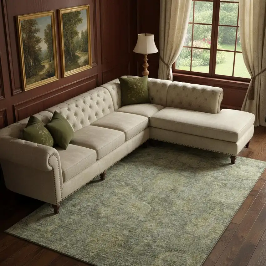 Sage And Gold Damask Washable Area Rug With UV Protection Photo 2