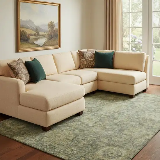 Sage And Gold Damask Washable Area Rug With UV Protection Photo 2