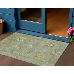 Photo of Sage And Gold Floral Medallion Washable Indoor Outdoor Area Rug