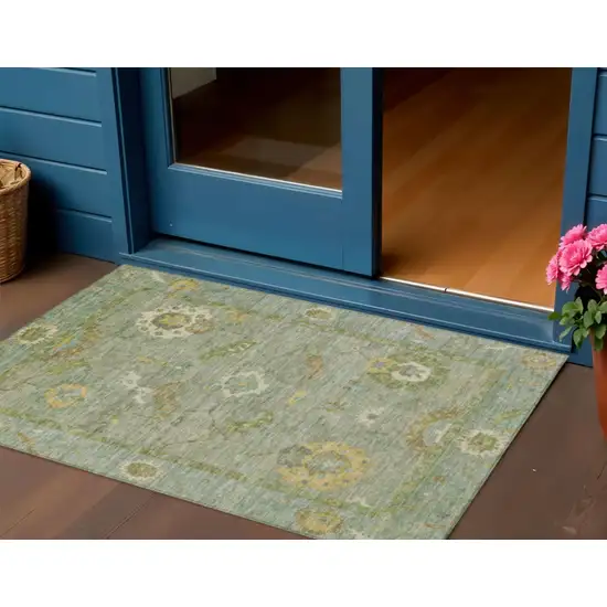 Sage And Gold Floral Medallion Washable Indoor Outdoor Area Rug Photo 1