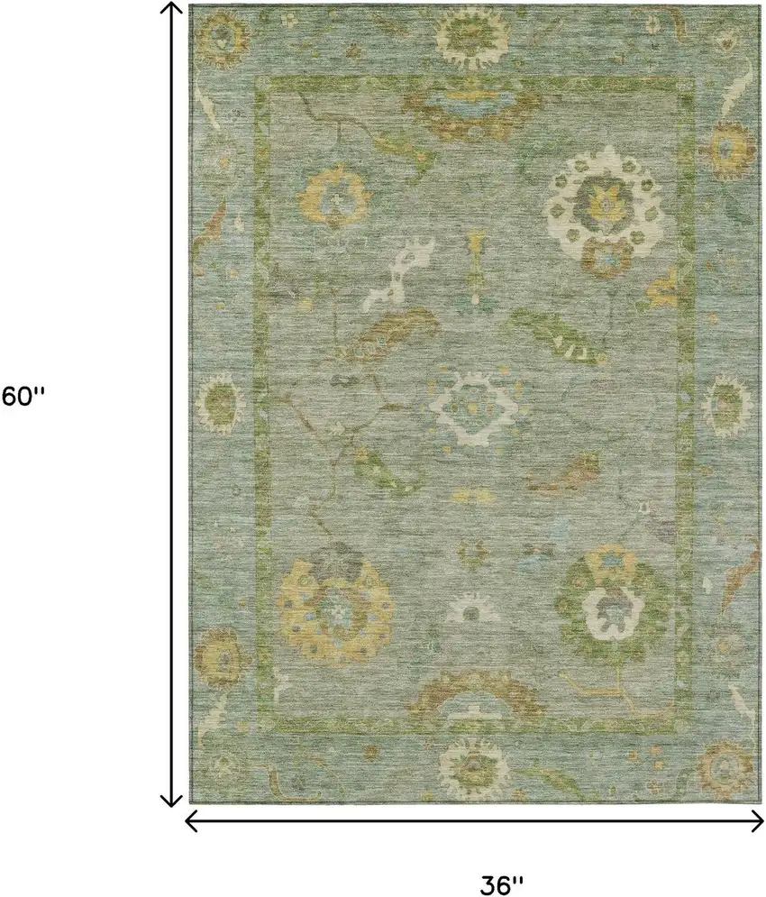 Sage And Gold Floral Medallion Washable Indoor Outdoor Area Rug Photo 3