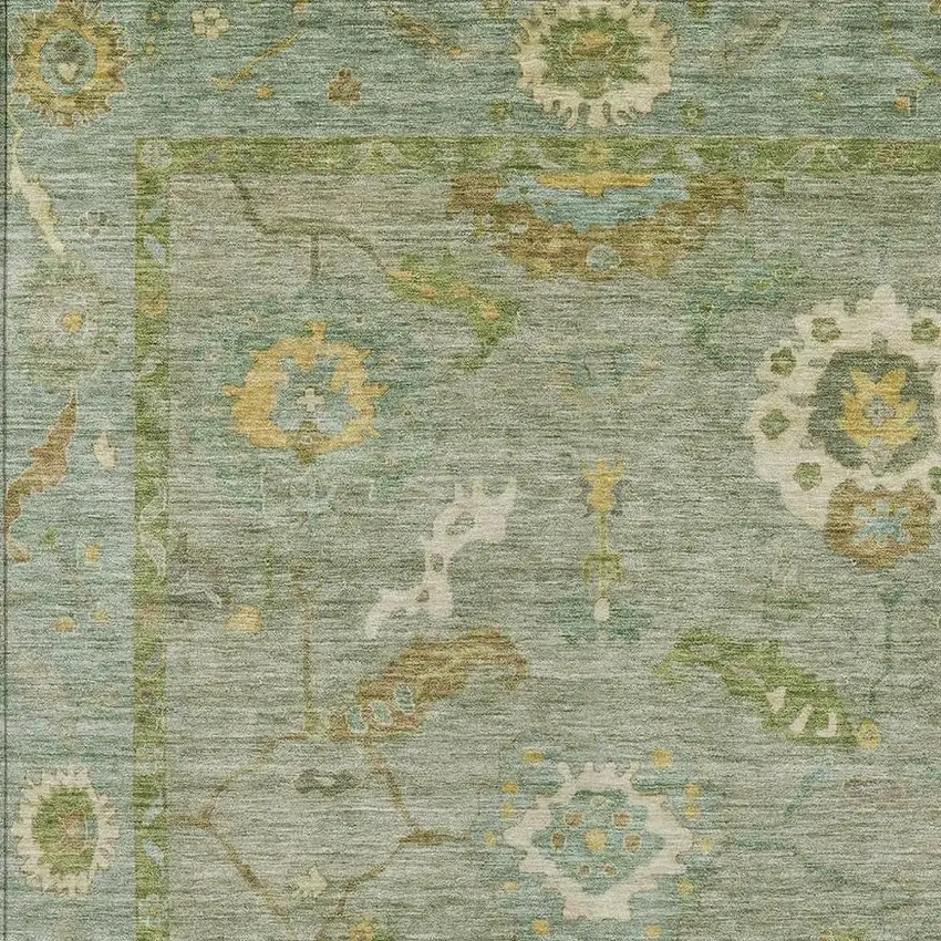 Sage And Gold Floral Medallion Washable Indoor Outdoor Area Rug Photo 6