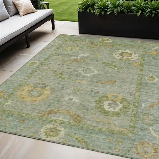 Sage And Gold Floral Medallion Washable Indoor Outdoor Area Rug Photo 1