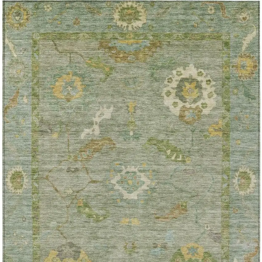 Sage And Gold Floral Medallion Washable Indoor Outdoor Area Rug Photo 4