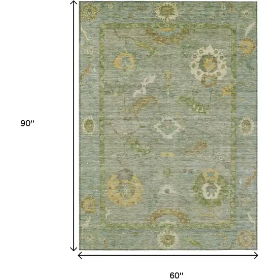 Sage And Gold Floral Medallion Washable Indoor Outdoor Area Rug Photo 3