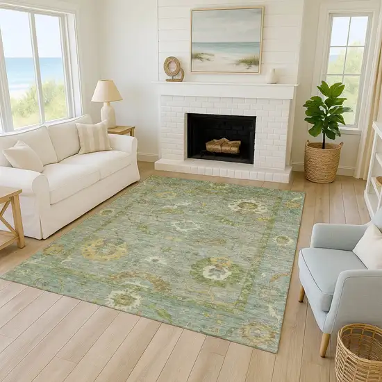 Sage And Gold Floral Medallion Washable Indoor Outdoor Area Rug Photo 9