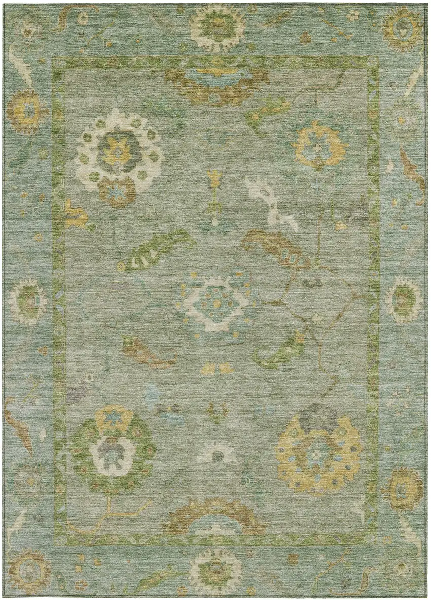 Sage And Gold Floral Medallion Washable Indoor Outdoor Area Rug Photo 5