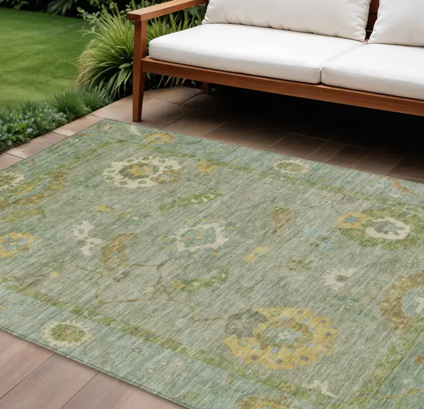 Sage And Gold Floral Medallion Washable Indoor Outdoor Area Rug Photo 1