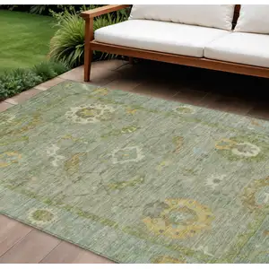 Photo of Sage And Gold Floral Medallion Washable Indoor Outdoor Area Rug