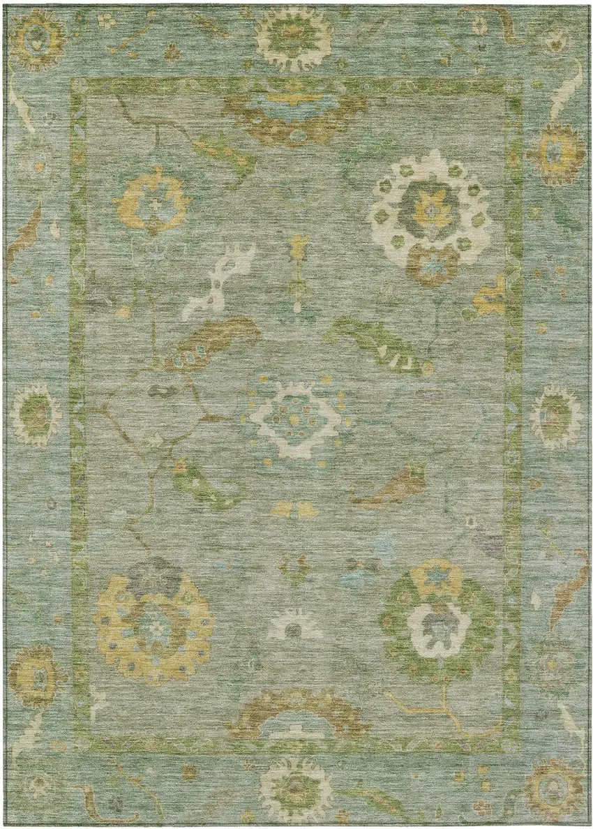 Sage And Gold Floral Medallion Washable Indoor Outdoor Area Rug Photo 2