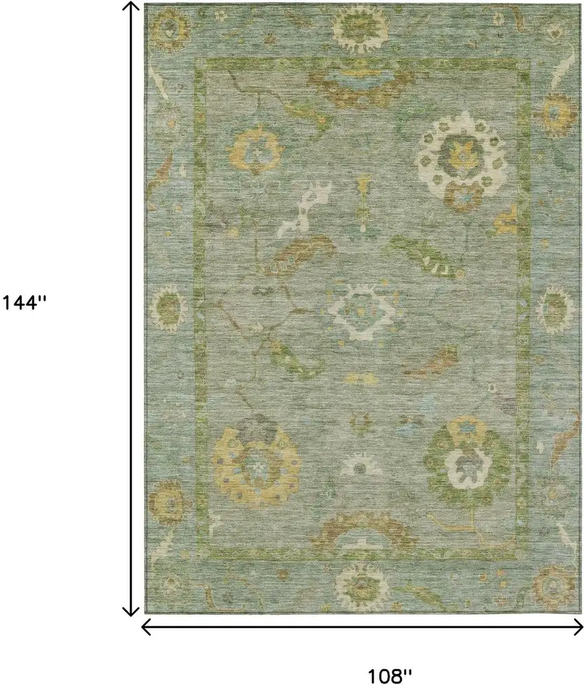 Sage And Gold Floral Medallion Washable Indoor Outdoor Area Rug Photo 3