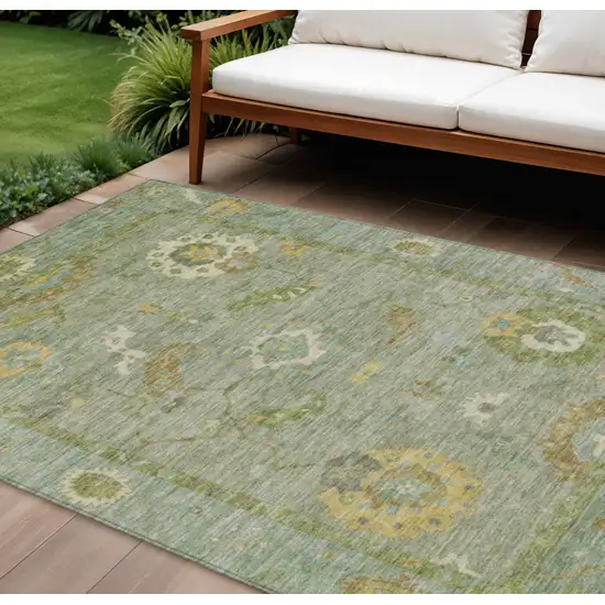 Sage And Gold Floral Medallion Washable Indoor Outdoor Area Rug Photo 1