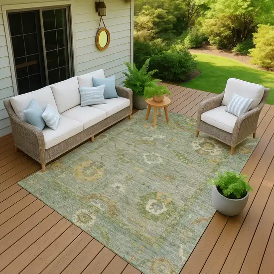 Sage And Gold Floral Medallion Washable Indoor Outdoor Area Rug Photo 9