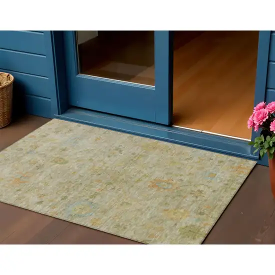 Sage And Gold Floral Washable Indoor Outdoor Area Rug Photo 2