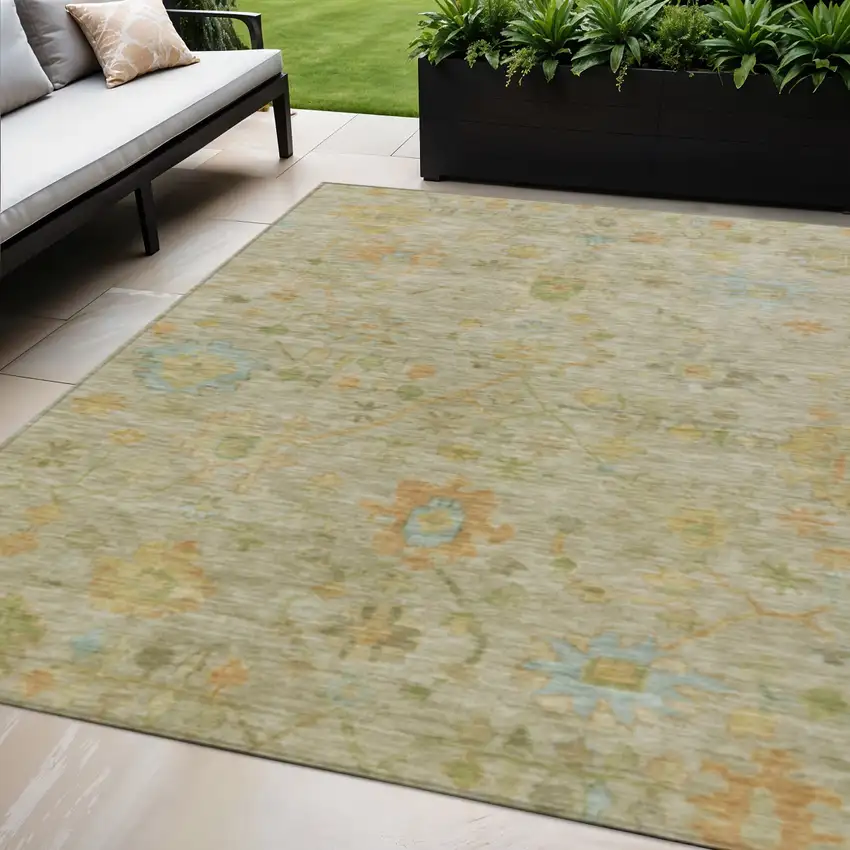Sage And Gold Floral Washable Indoor Outdoor Area Rug Photo 2