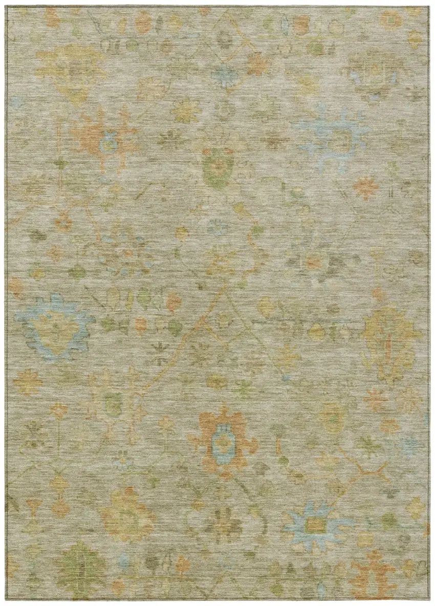 Sage And Gold Floral Washable Indoor Outdoor Area Rug Photo 1