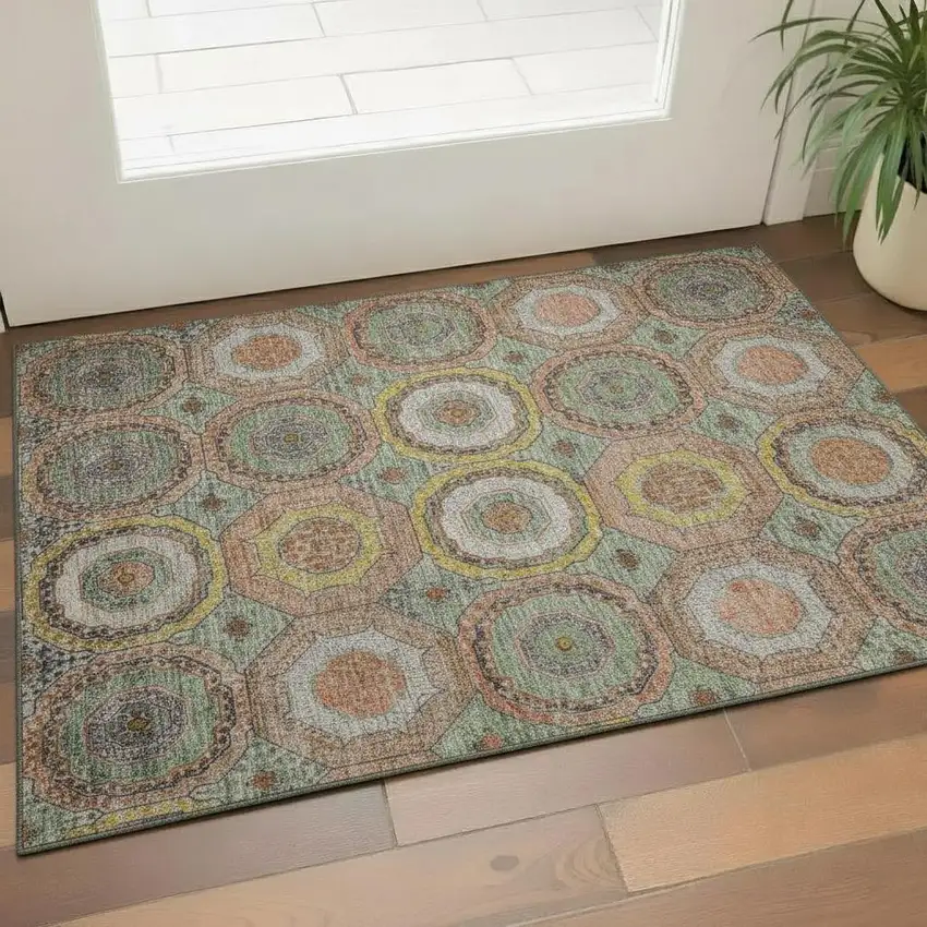 Sage And Gold Geometric Washable Area Rug With UV Protection Photo 2