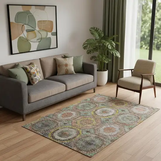 Sage And Gold Geometric Washable Area Rug With UV Protection Photo 2