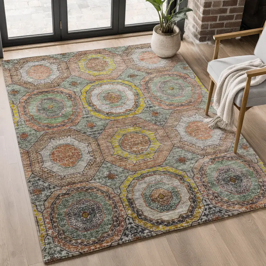 Sage And Gold Geometric Washable Area Rug With UV Protection Photo 5