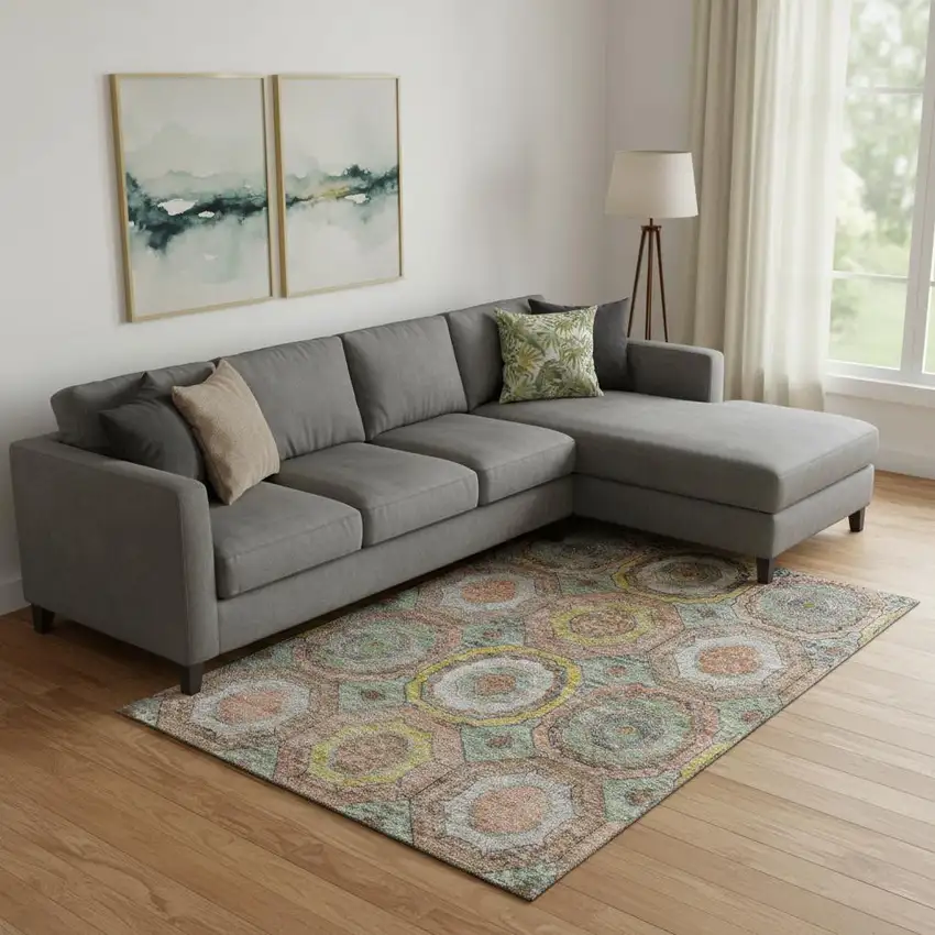 Sage And Gold Geometric Washable Area Rug With UV Protection Photo 2